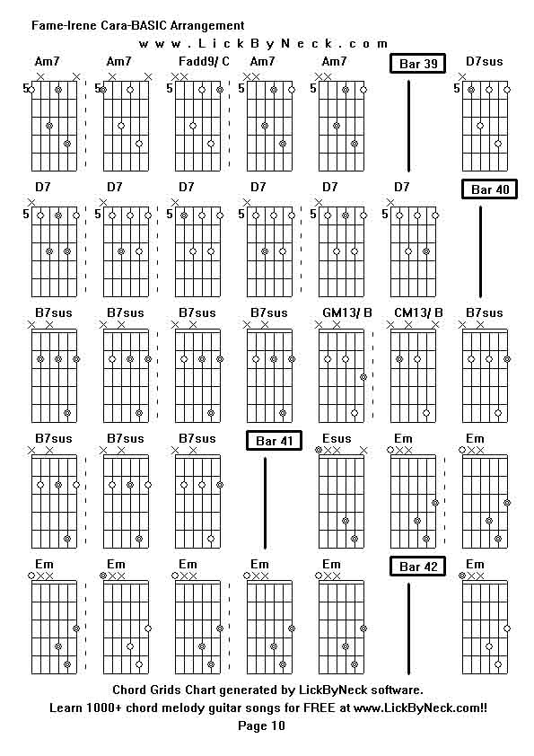 Chord Grids Chart of chord melody fingerstyle guitar song-Fame-Irene Cara-BASIC Arrangement,generated by LickByNeck software.